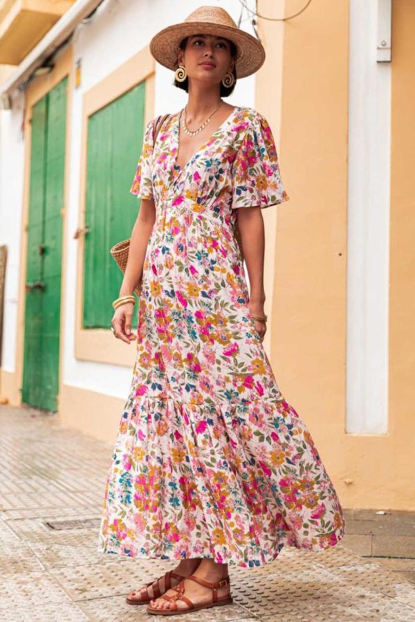 Women Red Floral Short Sleeve V Neck High Waist Maxi Dress | Maxi Dresses - Image 3