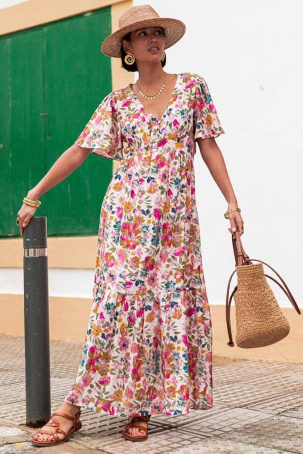 Women Red Floral Short Sleeve V Neck High Waist Maxi Dress | Maxi Dresses - Image 4