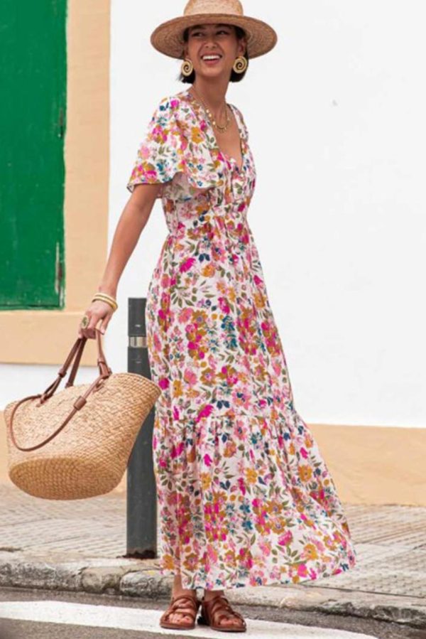 Women Red Floral Short Sleeve V Neck High Waist Maxi Dress | Maxi Dresses - Image 5