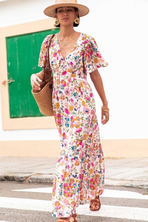 Women Red Floral Short Sleeve V Neck High Waist Maxi Dress | Maxi Dresses - Image 6