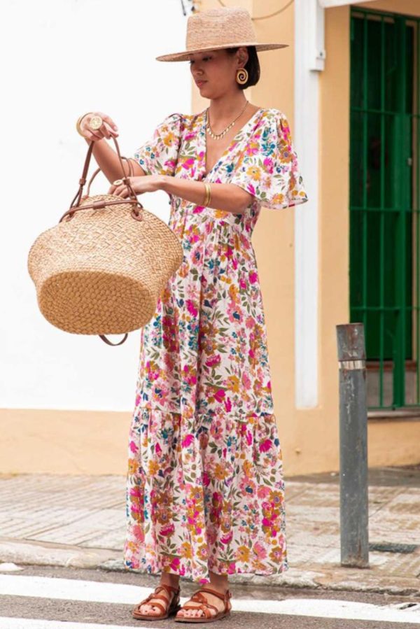 Women Red Floral Short Sleeve V Neck High Waist Maxi Dress | Maxi Dresses - Image 7