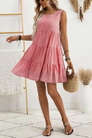 Women Red Gingham High Waist Sleeveless Mini Dress | Short Dresses