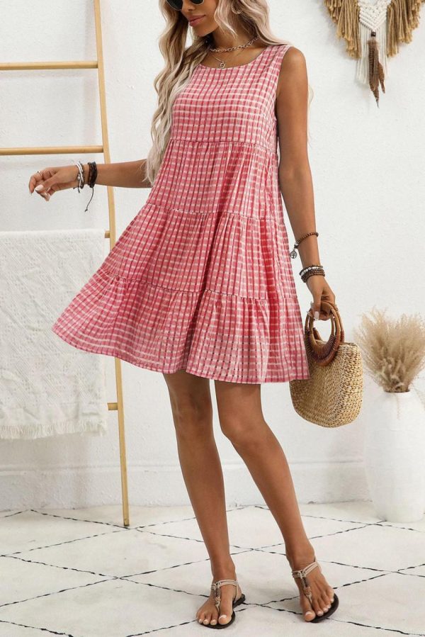 Women Red Gingham High Waist Sleeveless Mini Dress | Short Dresses