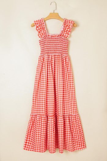 Women Red Plaid Square Neck Sleeveless Maxi Dress | Maxi Dresses