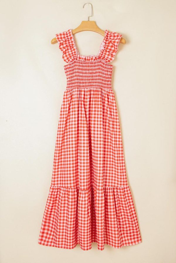 Women Red Plaid Square Neck Sleeveless Maxi Dress | Maxi Dresses