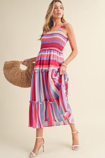 Women Red Stripe Ruffled Straps Smocked Tiered Midi Dress | Midi Dresses