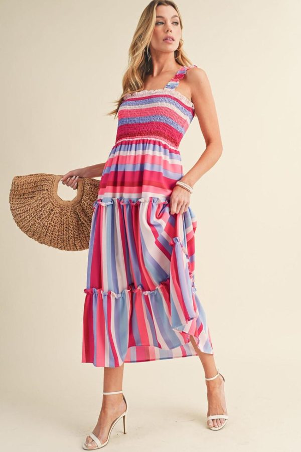 Women Red Stripe Ruffled Straps Smocked Tiered Midi Dress | Midi Dresses