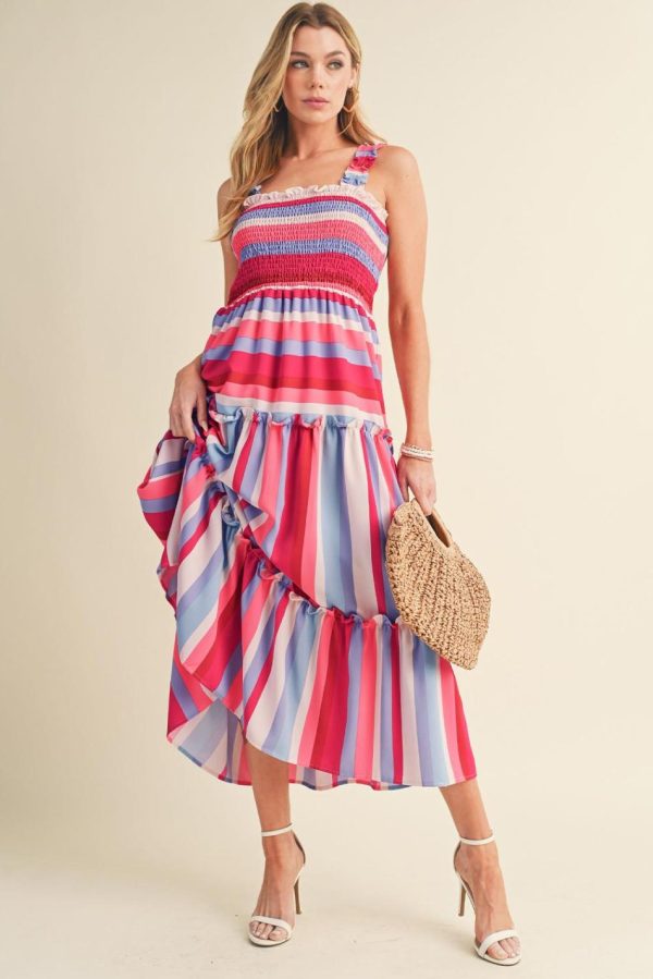 Women Red Stripe Ruffled Straps Smocked Tiered Midi Dress | Midi Dresses - Image 4