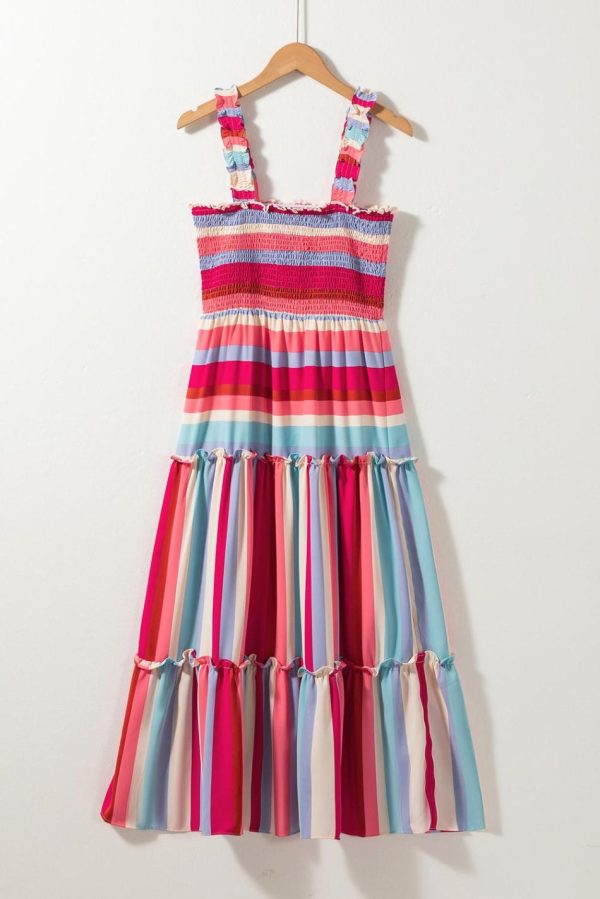 Women Red Stripe Ruffled Straps Smocked Tiered Midi Dress | Midi Dresses - Image 7