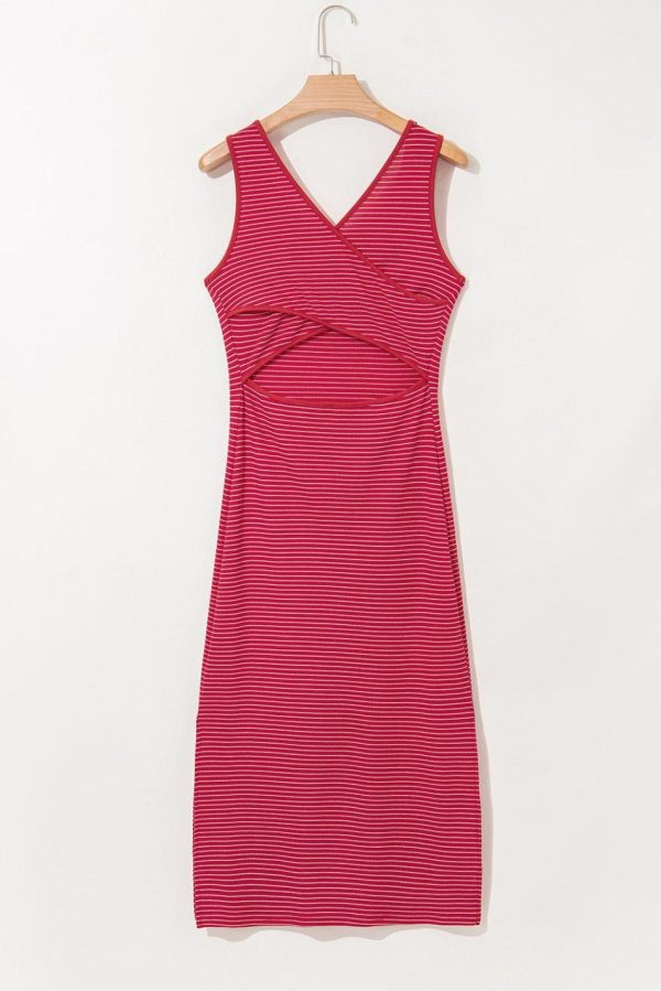 Women Red Striped Criss Cross Back Side Slits Slim Fit Sleeveless Dress | Midi Dresses - Image 2