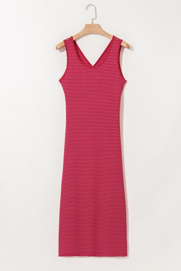 Women Red Striped Criss Cross Back Side Slits Slim Fit Sleeveless Dress | Midi Dresses - Image 3