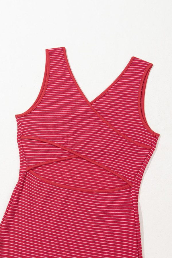 Women Red Striped Criss Cross Back Side Slits Slim Fit Sleeveless Dress | Midi Dresses - Image 5