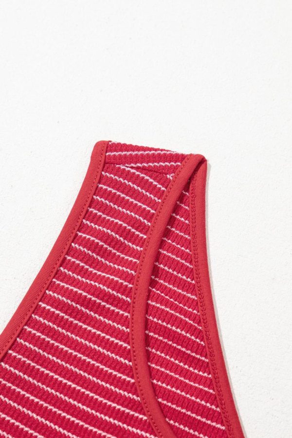Women Red Striped Criss Cross Back Side Slits Slim Fit Sleeveless Dress | Midi Dresses - Image 7