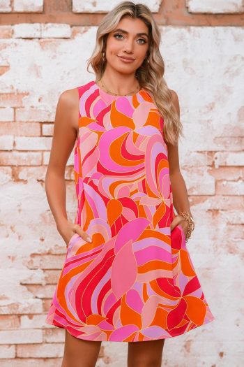 Women Rose Abstract Floral Print Sleeveless Shift Mini Dress | Short Dresses