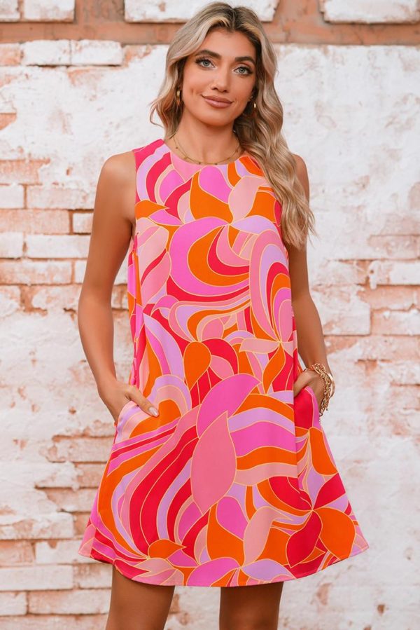 Women Rose Abstract Floral Print Sleeveless Shift Mini Dress | Short Dresses