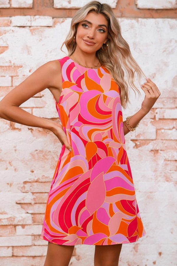 Women Rose Abstract Floral Print Sleeveless Shift Mini Dress | Short Dresses - Image 3