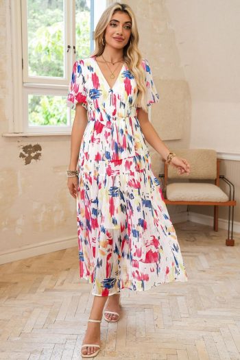 Women Rose Abstract Print Short Puff Sleeve Tiered Maxi Dress | Maxi Dresses
