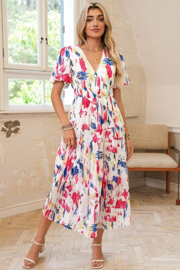 Women Rose Abstract Print Short Puff Sleeve Tiered Maxi Dress | Maxi Dresses - Image 2