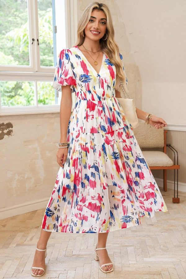Women Rose Abstract Print Short Puff Sleeve Tiered Maxi Dress | Maxi Dresses - Image 3