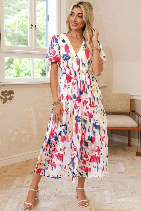 Women Rose Abstract Print Short Puff Sleeve Tiered Maxi Dress | Maxi Dresses - Image 4