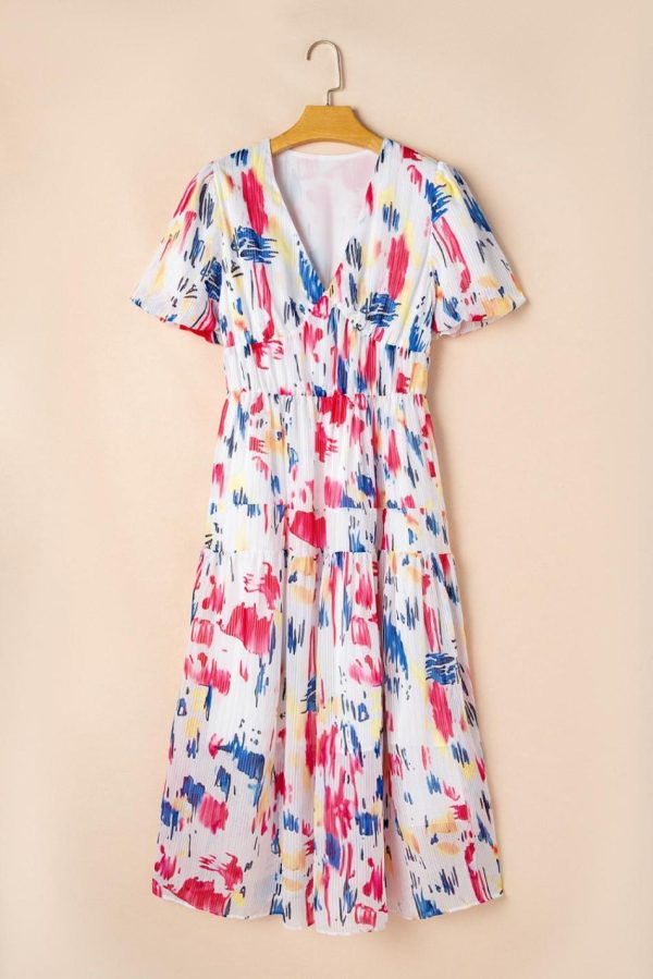 Women Rose Abstract Print Short Puff Sleeve Tiered Maxi Dress | Maxi Dresses - Image 5