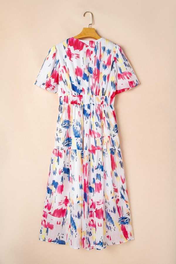 Women Rose Abstract Print Short Puff Sleeve Tiered Maxi Dress | Maxi Dresses - Image 6
