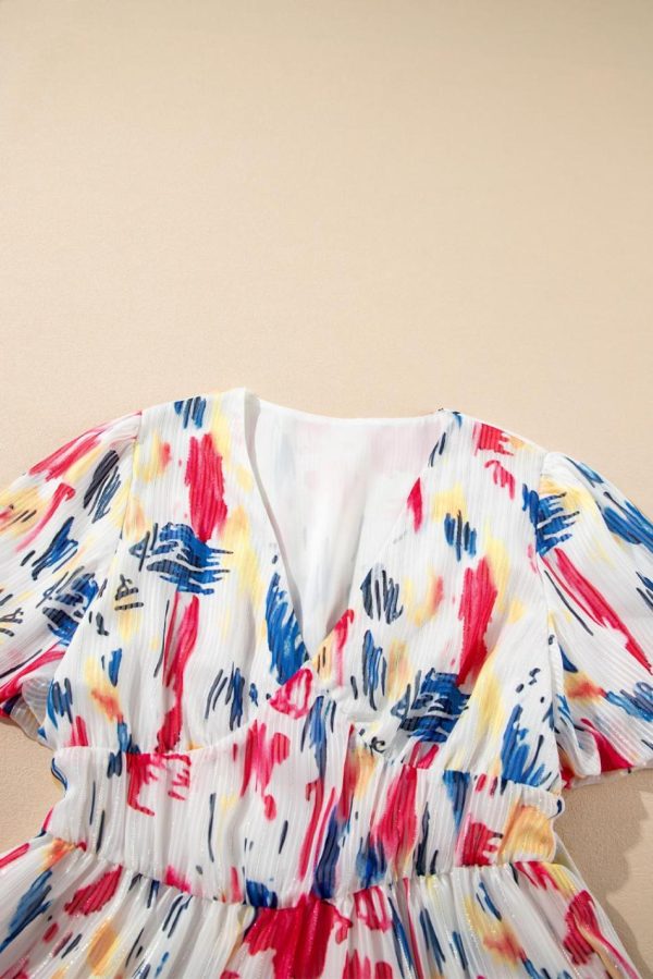 Women Rose Abstract Print Short Puff Sleeve Tiered Maxi Dress | Maxi Dresses - Image 7