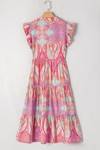Women Rose Ethnic Paisley Print Ruffle Sleeve Notch Neck Midi Dress | Midi Dresses