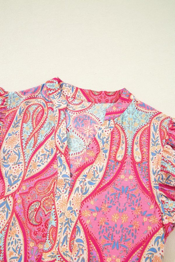Women Rose Ethnic Paisley Print Ruffle Sleeve Notch Neck Midi Dress | Midi Dresses - Image 2
