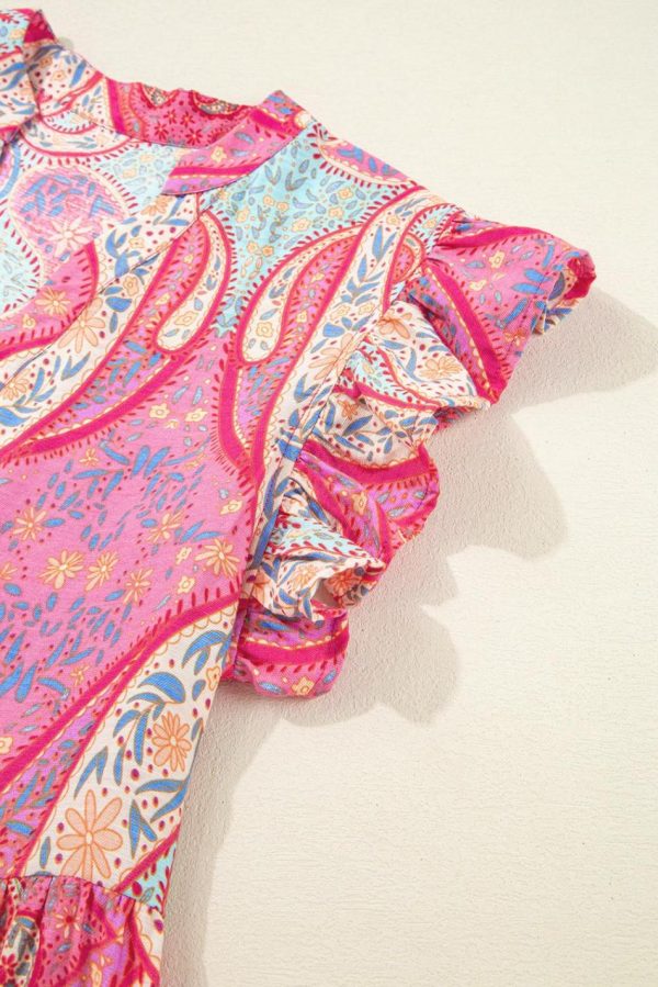 Women Rose Ethnic Paisley Print Ruffle Sleeve Notch Neck Midi Dress | Midi Dresses - Image 3