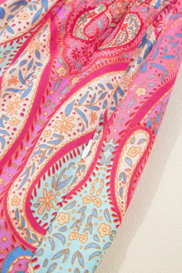 Women Rose Ethnic Paisley Print Ruffle Sleeve Notch Neck Midi Dress | Midi Dresses - Image 5