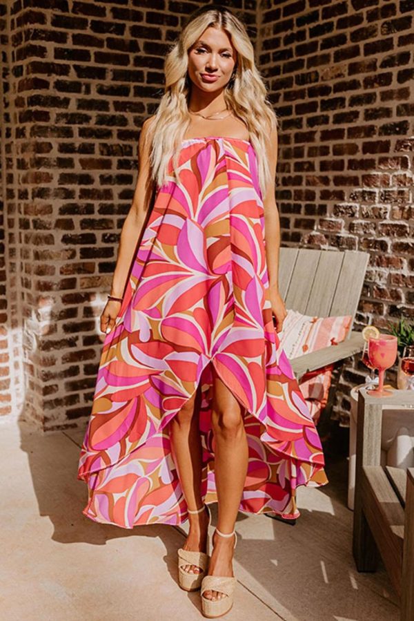 Women Rose Floral High Low Bandeau Vacay Dress | Maxi Dresses
