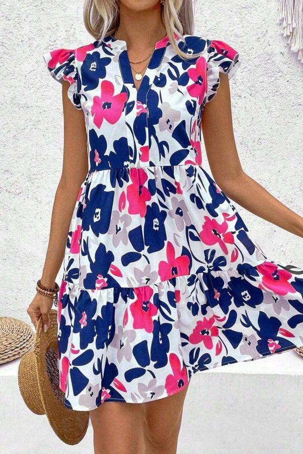Women Rose Floral Print Notched Neck Flutter Sleeve Mini Dress | Short Dresses
