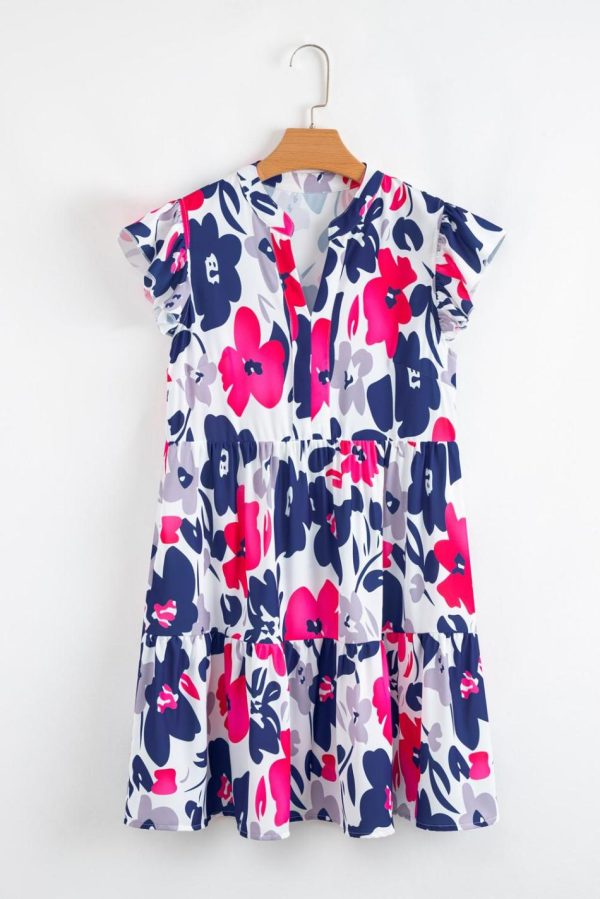 Women Rose Floral Print Notched Neck Flutter Sleeve Mini Dress | Short Dresses - Image 2