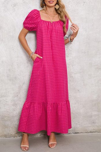 Women Rose Plaid Square Neck Puff Sleeve Maxi Dress | Maxi Dresses