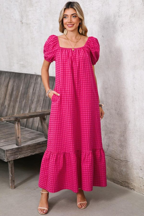 Women Rose Plaid Square Neck Puff Sleeve Maxi Dress | Maxi Dresses - Image 2