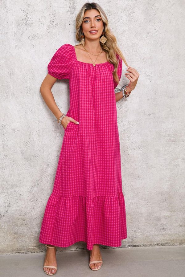 Women Rose Plaid Square Neck Puff Sleeve Maxi Dress | Maxi Dresses - Image 3