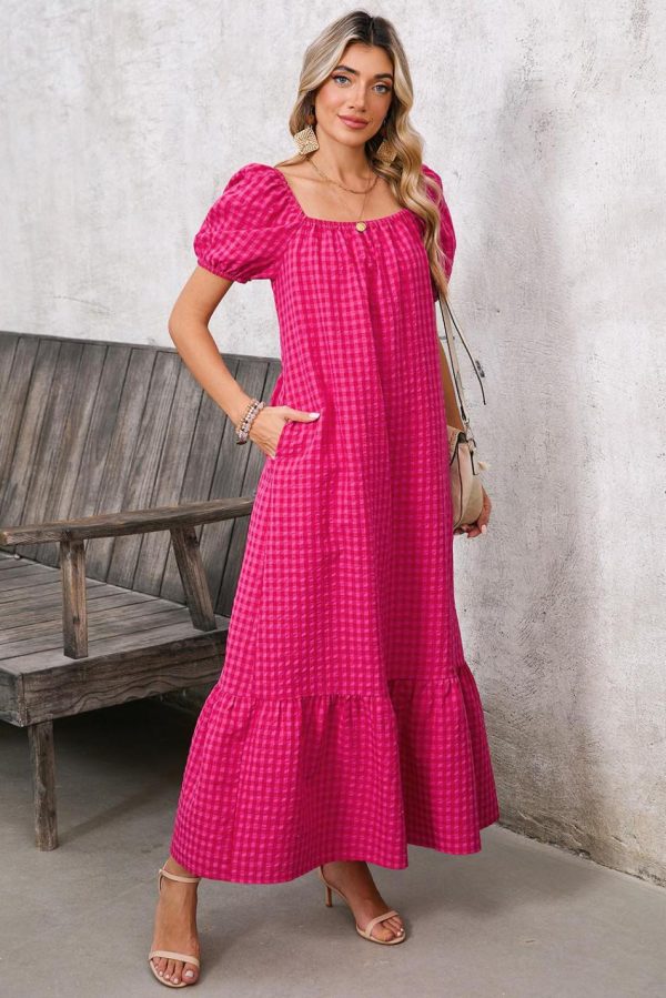 Women Rose Plaid Square Neck Puff Sleeve Maxi Dress | Maxi Dresses - Image 4