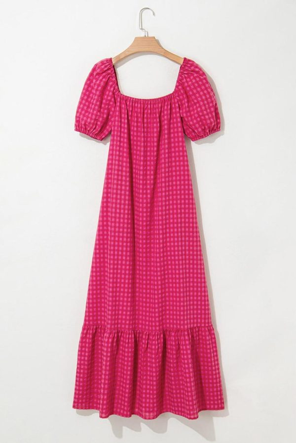 Women Rose Plaid Square Neck Puff Sleeve Maxi Dress | Maxi Dresses - Image 5