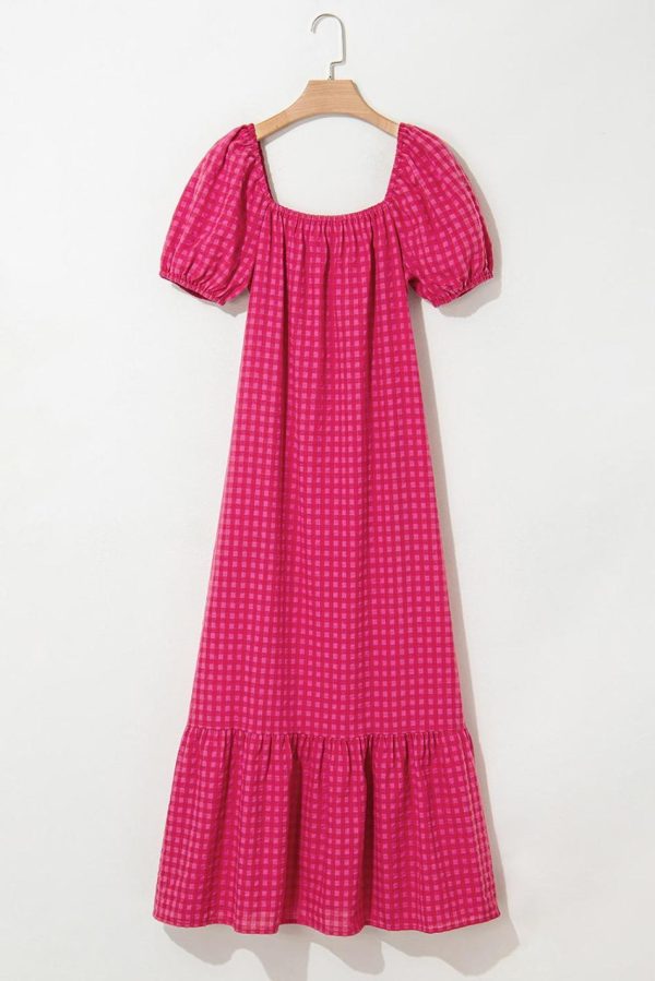 Women Rose Plaid Square Neck Puff Sleeve Maxi Dress | Maxi Dresses - Image 6