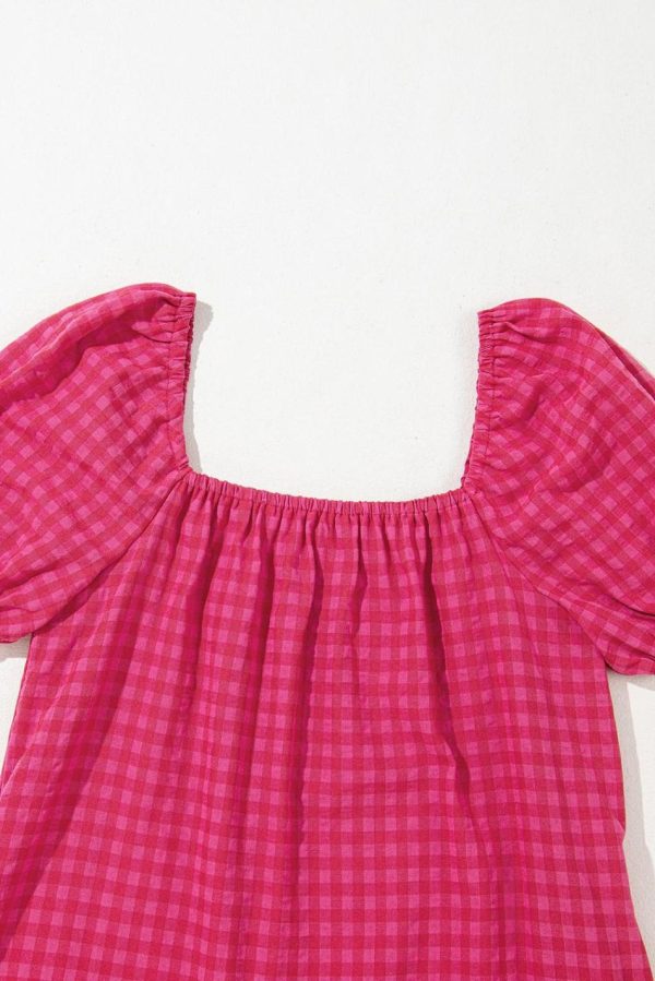 Women Rose Plaid Square Neck Puff Sleeve Maxi Dress | Maxi Dresses - Image 7