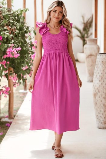 Women Rose Red Crinkled Ruffle Strap Smocked Midi Dress | Midi Dresses