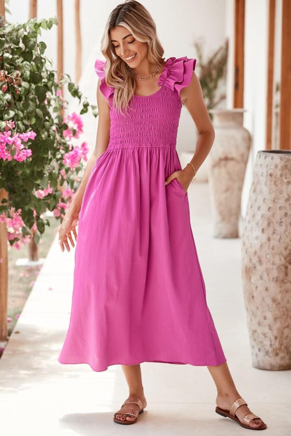 Women Rose Red Crinkled Ruffle Strap Smocked Midi Dress | Midi Dresses - Image 2