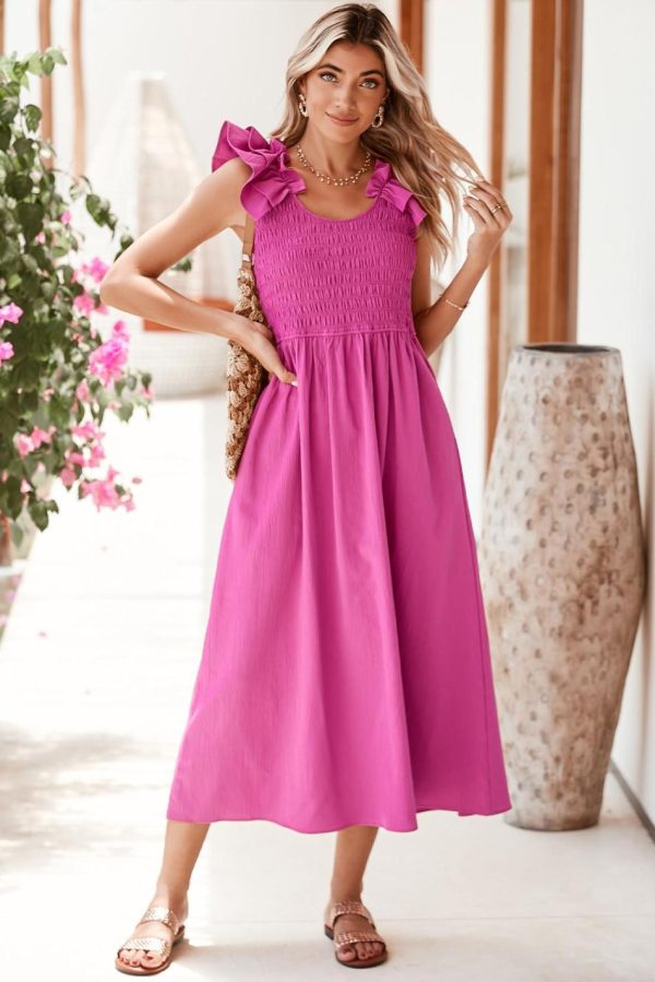 Women Rose Red Crinkled Ruffle Strap Smocked Midi Dress | Midi Dresses - Image 3