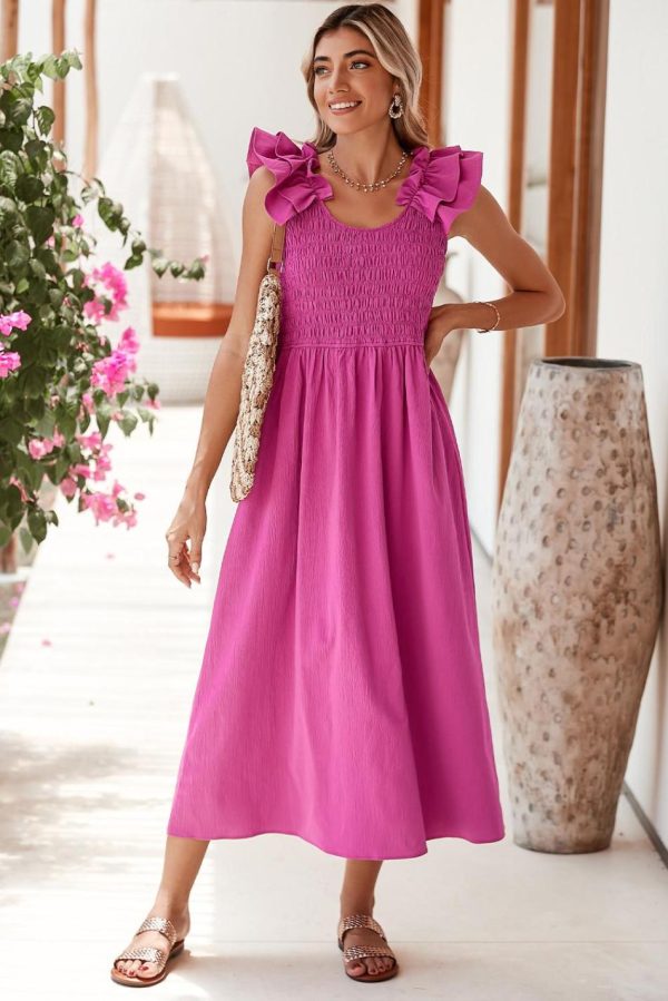 Women Rose Red Crinkled Ruffle Strap Smocked Midi Dress | Midi Dresses - Image 4