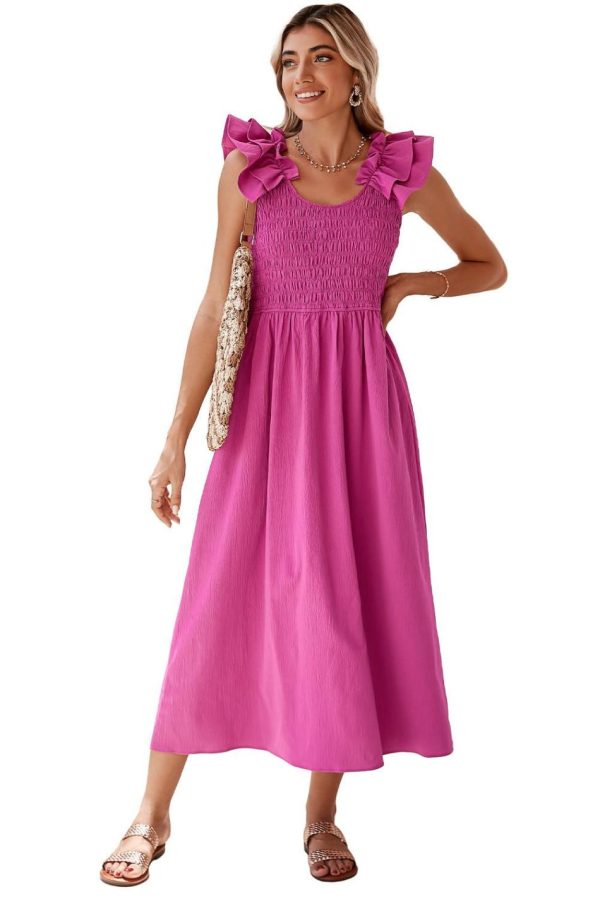 Women Rose Red Crinkled Ruffle Strap Smocked Midi Dress | Midi Dresses - Image 7