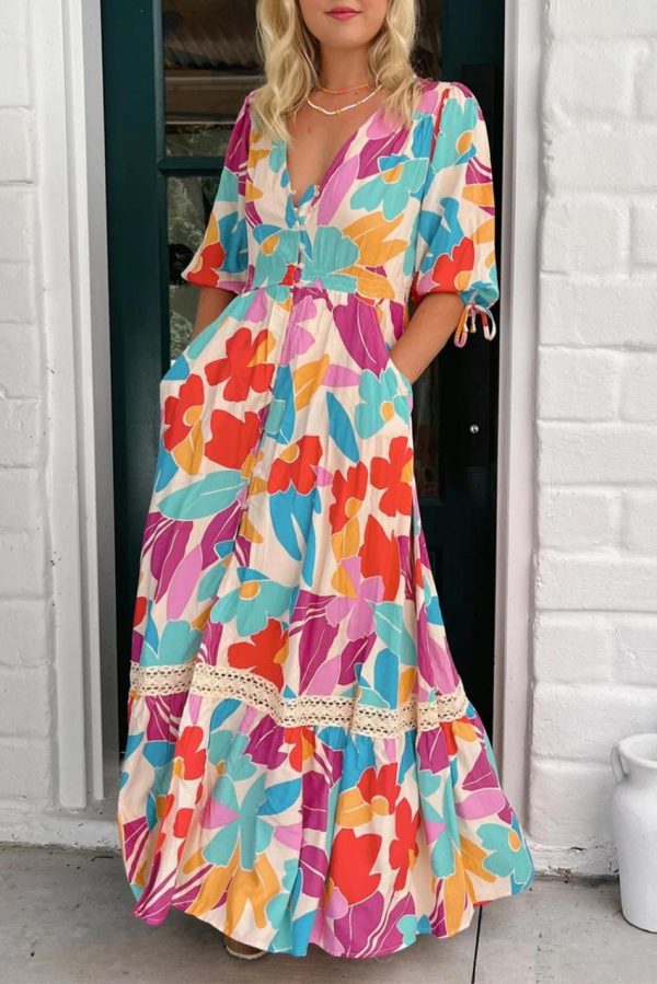 Women Rose Red Floral Knot Puff Sleeve V Neck Buttoned Front Split Lace Maxi Dress | Maxi Dresses