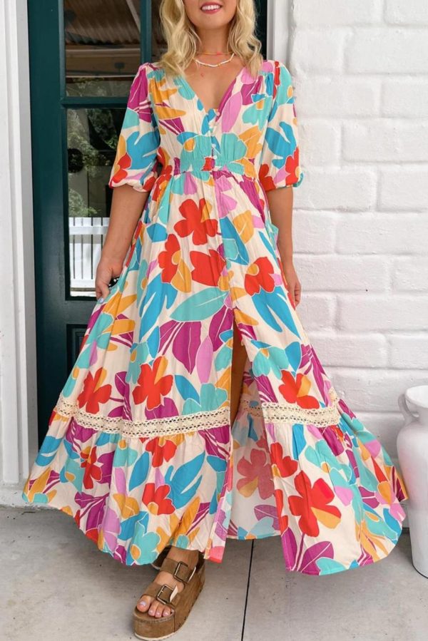 Women Rose Red Floral Knot Puff Sleeve V Neck Buttoned Front Split Lace Maxi Dress | Maxi Dresses - Image 2
