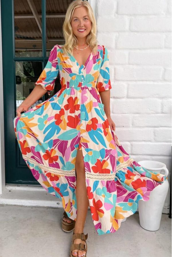 Women Rose Red Floral Knot Puff Sleeve V Neck Buttoned Front Split Lace Maxi Dress | Maxi Dresses - Image 3