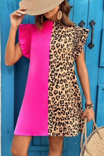 Women Rose Red Leopard Contrast Patchwork Ruffled Sleeve Short Shift Dress | Short Dresses